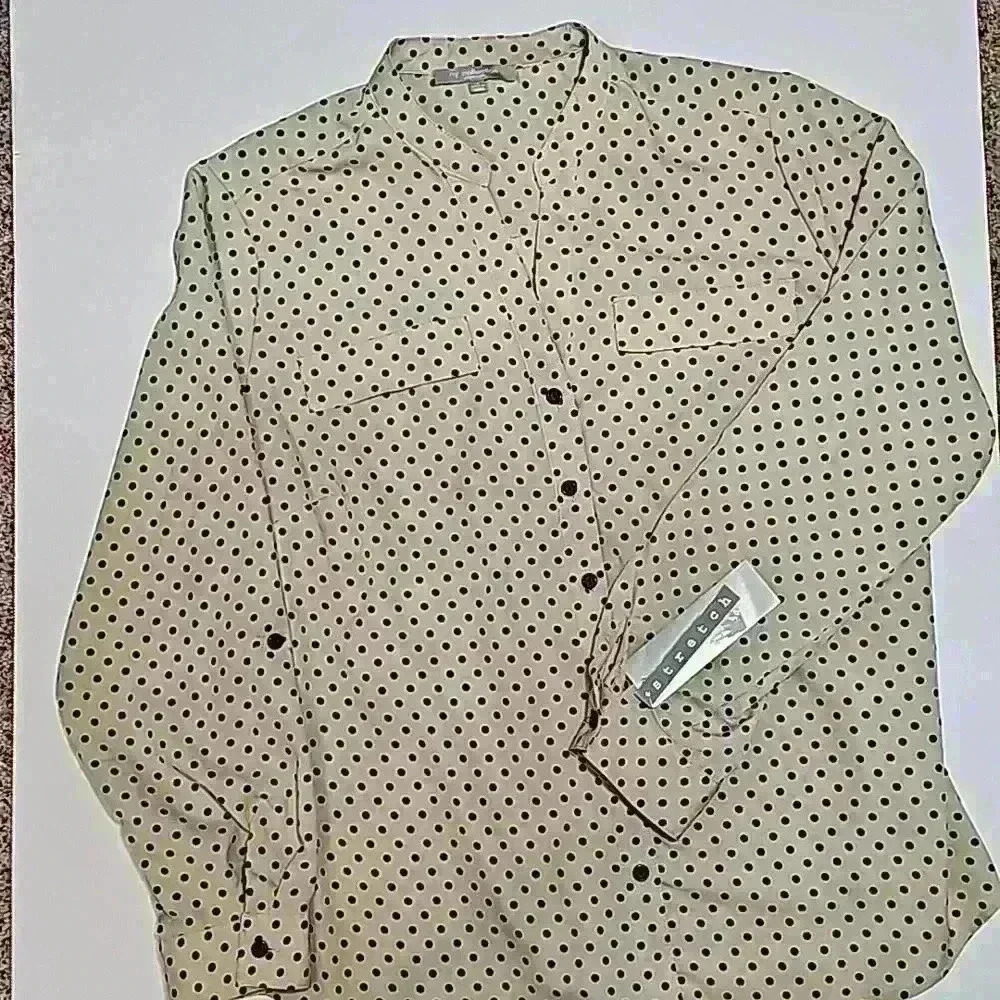 NY Collection womens top button front sz 1X tan black long sleeve polka dot Work
